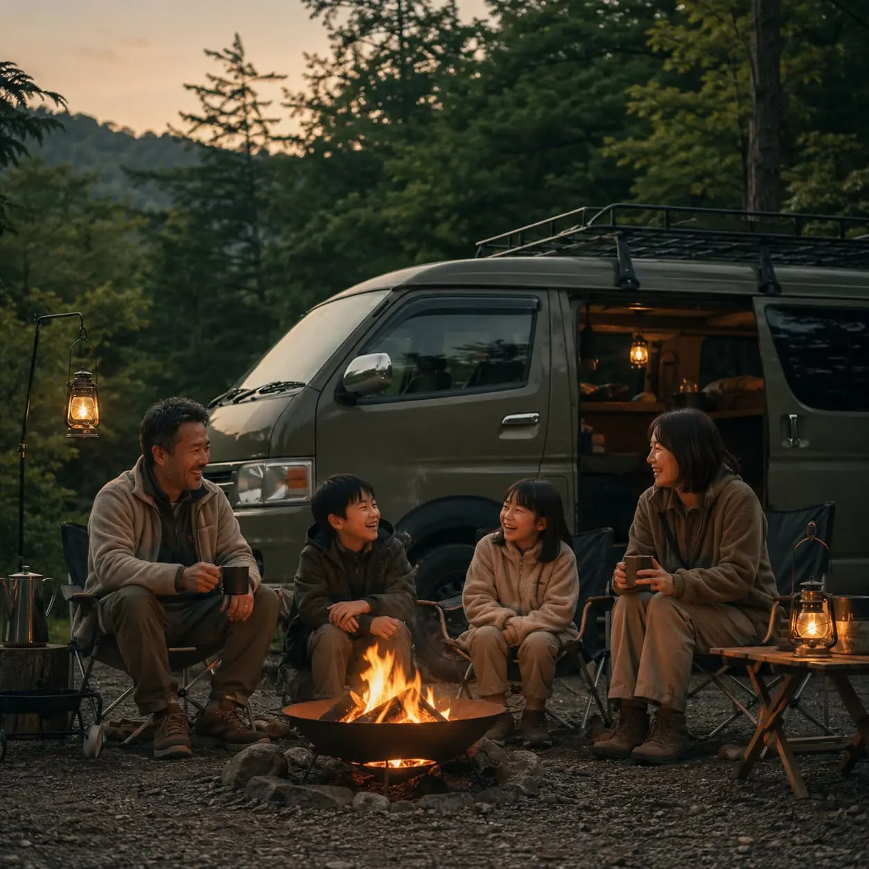 キャンプ場での家族の団らん